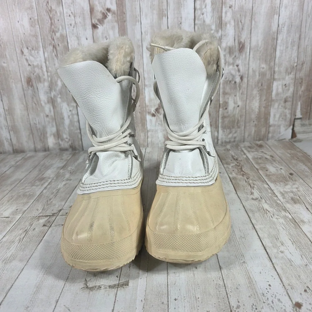 Sorel Manitou White Leather Snow Boots Womens 7‎ Made in Canada Duck Boots Fur